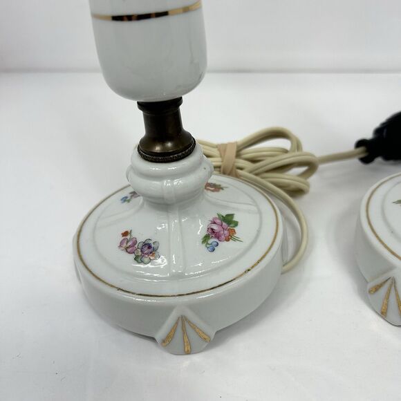 Porcelain Floral Lamps Table Cottagecore Boudoir 12" White Gold Trim Pair 50s? - Picture 8 of 16